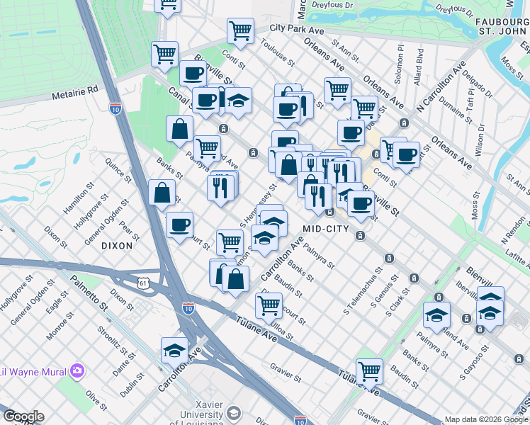 map of restaurants, bars, coffee shops, grocery stores, and more near 305A South Hennessey Street in New Orleans