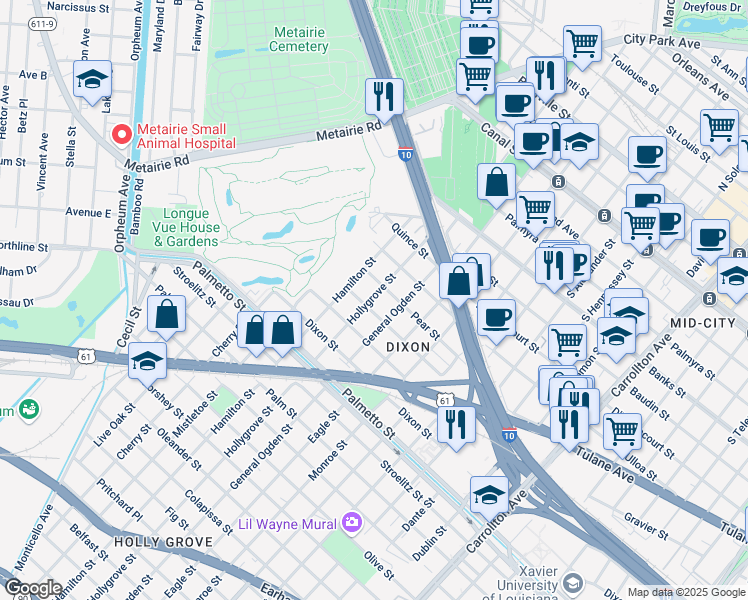 map of restaurants, bars, coffee shops, grocery stores, and more near 8921 Pear Street in New Orleans