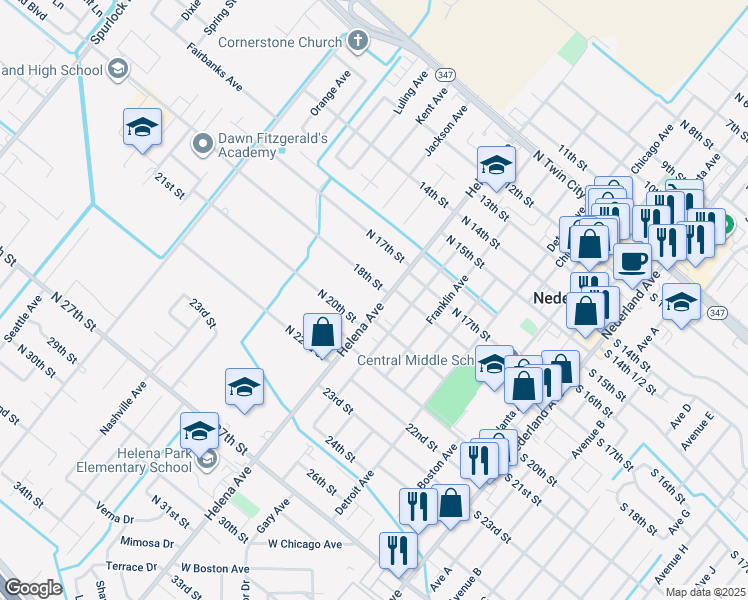 map of restaurants, bars, coffee shops, grocery stores, and more near 1804 Helena Avenue in Nederland