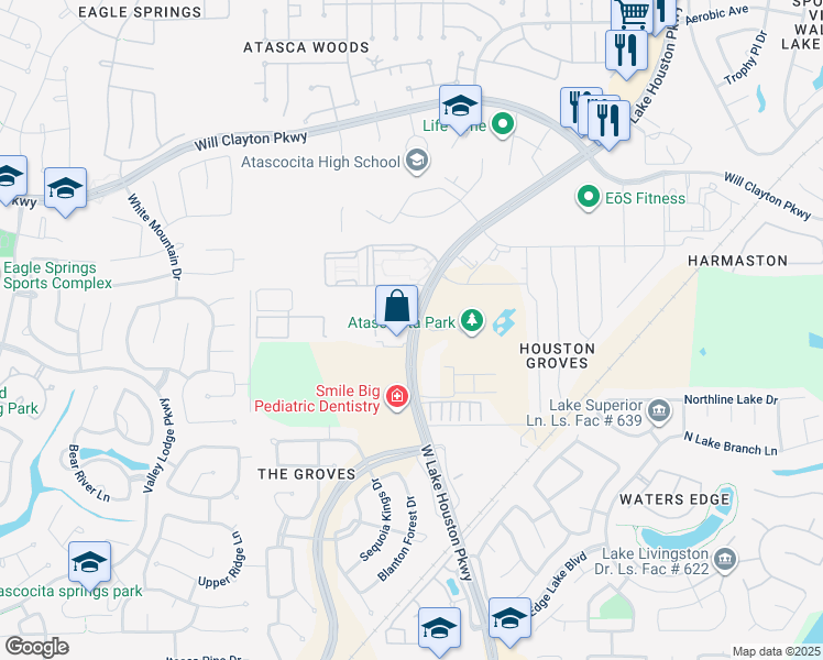 map of restaurants, bars, coffee shops, grocery stores, and more near 17407 West Lake Houston Parkway in Atascocita