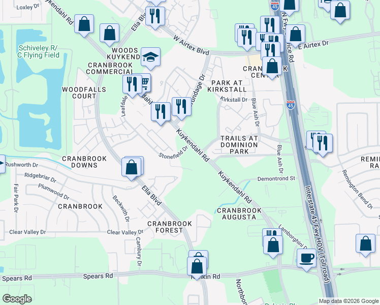 map of restaurants, bars, coffee shops, grocery stores, and more near 13075 Kuykendahl Road in Houston