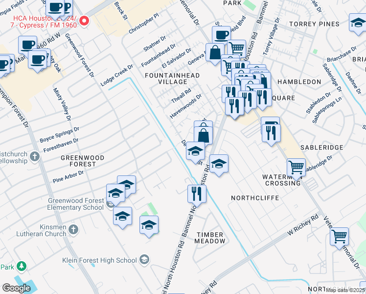 map of restaurants, bars, coffee shops, grocery stores, and more near 12210 De Forrest Street in Houston