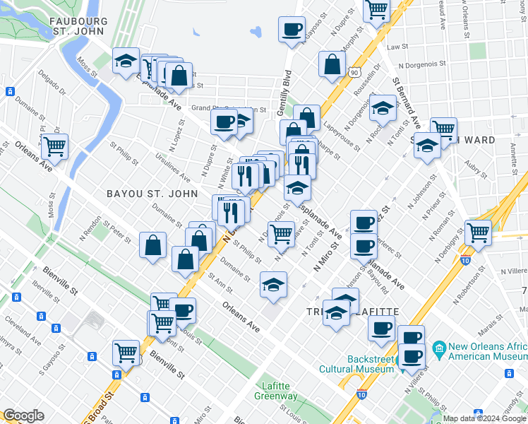 map of restaurants, bars, coffee shops, grocery stores, and more near 2633 Governor Nicholls Street in New Orleans