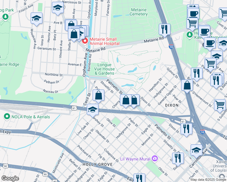 map of restaurants, bars, coffee shops, grocery stores, and more near 9413 Stroelitz Street in New Orleans
