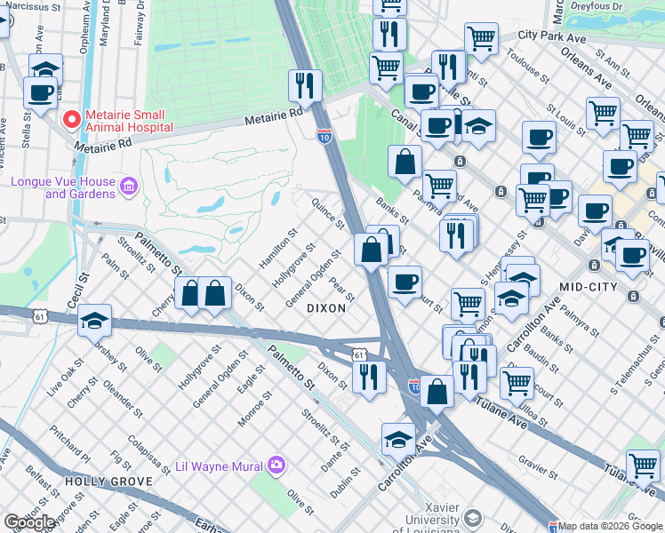 map of restaurants, bars, coffee shops, grocery stores, and more near 8820 Heaton Street in New Orleans