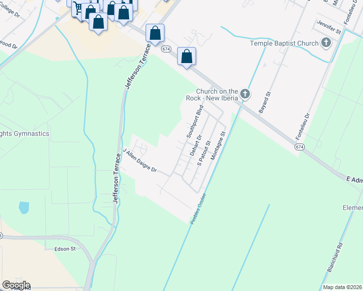 map of restaurants, bars, coffee shops, grocery stores, and more near 1422 Southport Boulevard in New Iberia
