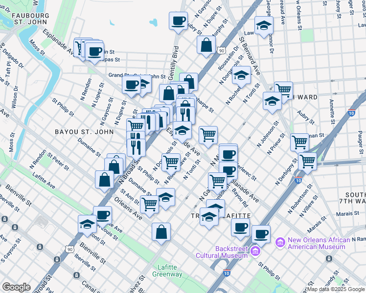 map of restaurants, bars, coffee shops, grocery stores, and more near 2426 Esplanade Avenue in New Orleans