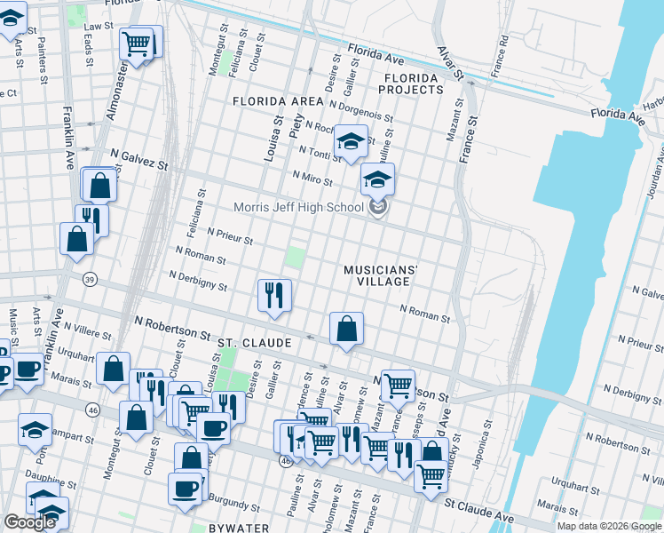 map of restaurants, bars, coffee shops, grocery stores, and more near 1842 Independence Street in New Orleans