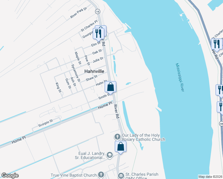 map of restaurants, bars, coffee shops, grocery stores, and more near 15457 Louisiana 18 in Hahnville
