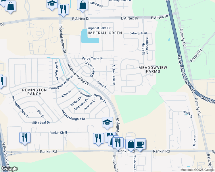 map of restaurants, bars, coffee shops, grocery stores, and more near 19223 Gunther Springs Court in Houston