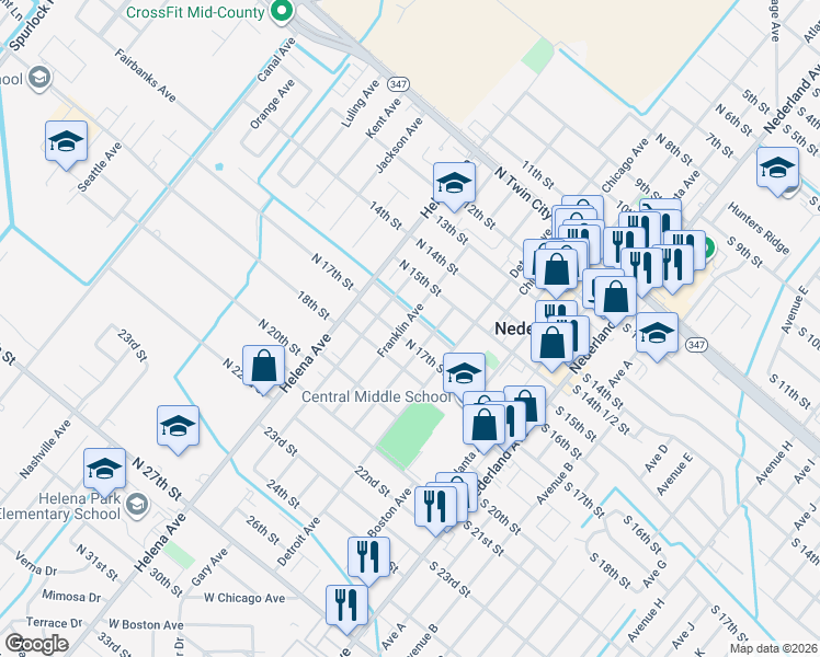 map of restaurants, bars, coffee shops, grocery stores, and more near 1607 Franklin Avenue in Nederland