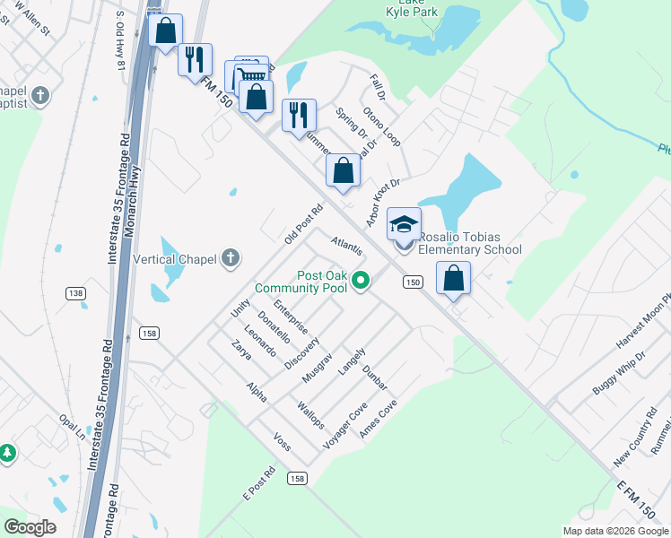 map of restaurants, bars, coffee shops, grocery stores, and more near 116 Endeavour in Kyle