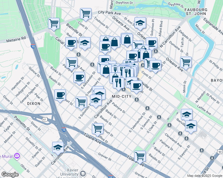 map of restaurants, bars, coffee shops, grocery stores, and more near 4129 Cleveland Ave in New Orleans