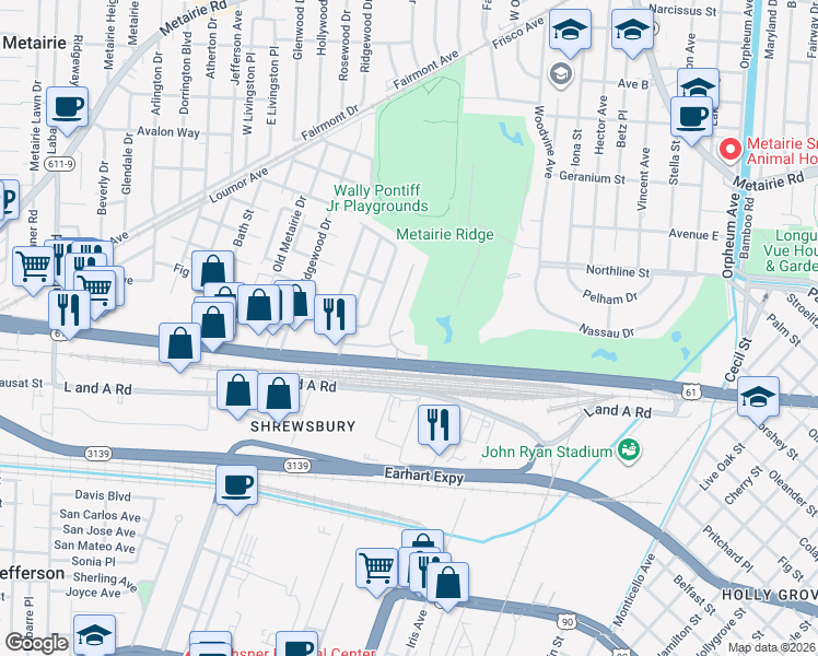 map of restaurants, bars, coffee shops, grocery stores, and more near 9 Forrest Court in Metairie