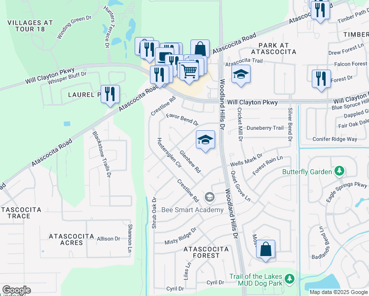 map of restaurants, bars, coffee shops, grocery stores, and more near 3807 Black Crickett Court in Humble