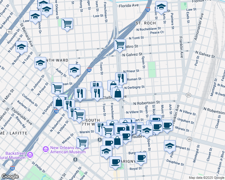 map of restaurants, bars, coffee shops, grocery stores, and more near 1641 Frenchmen Street in New Orleans