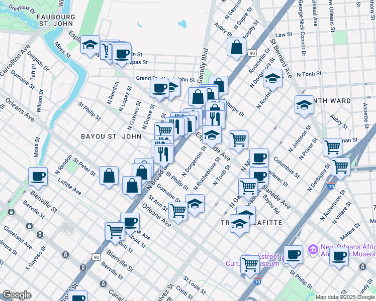 map of restaurants, bars, coffee shops, grocery stores, and more near 2602 Barracks Street in New Orleans