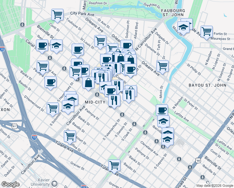 map of restaurants, bars, coffee shops, grocery stores, and more near 219 North Scott Street in New Orleans