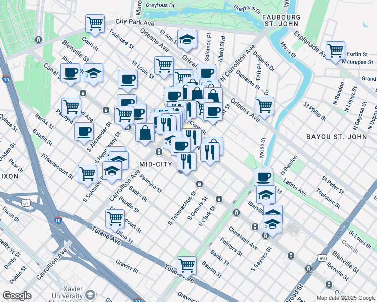 map of restaurants, bars, coffee shops, grocery stores, and more near 219 North Scott Street in New Orleans