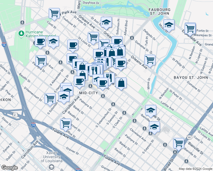 map of restaurants, bars, coffee shops, grocery stores, and more near 219 North Scott Street in New Orleans
