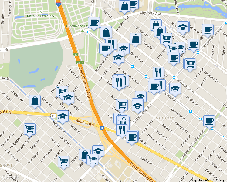 map of restaurants, bars, coffee shops, grocery stores, and more near 423 South Murat Street in New Orleans