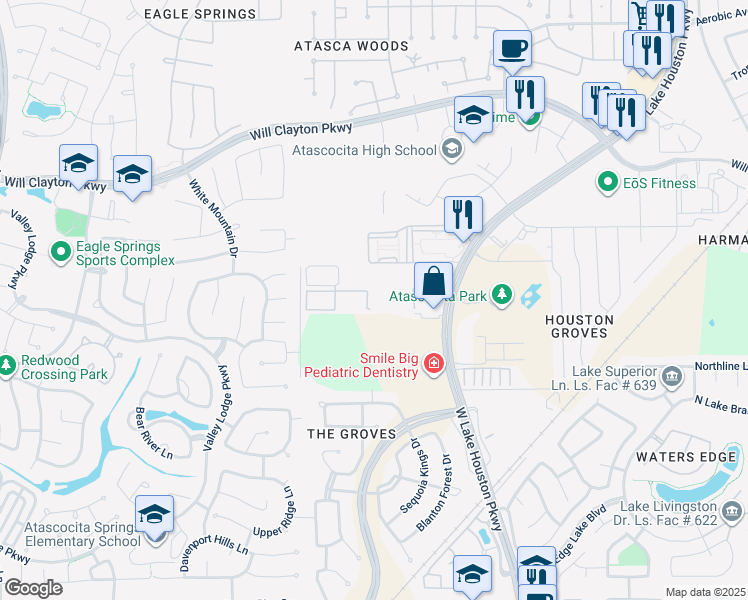 map of restaurants, bars, coffee shops, grocery stores, and more near 17810 West Lake Houston Parkway in Humble
