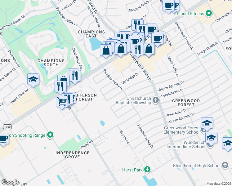 map of restaurants, bars, coffee shops, grocery stores, and more near 5919 Old Lodge Drive in Houston