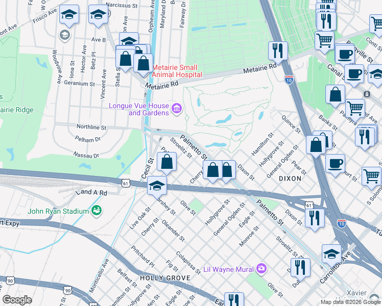 map of restaurants, bars, coffee shops, grocery stores, and more near 9417 Stroelitz Street in New Orleans