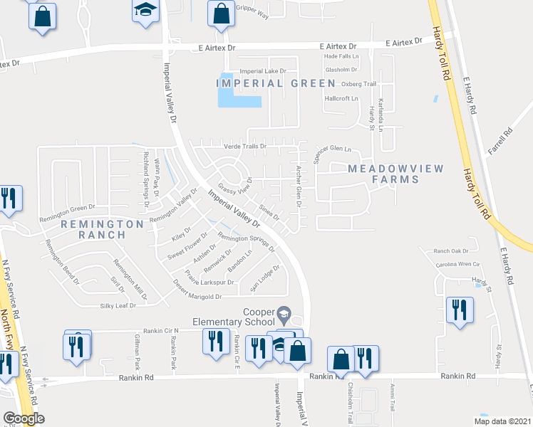 map of restaurants, bars, coffee shops, grocery stores, and more near 18961 Bobcat Patch Court in Houston