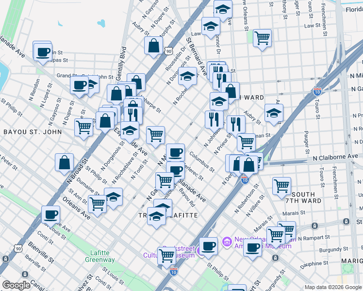 map of restaurants, bars, coffee shops, grocery stores, and more near 2123 Columbus Street in New Orleans