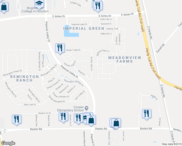 map of restaurants, bars, coffee shops, grocery stores, and more near 19223 Gunther Springs Court in Houston