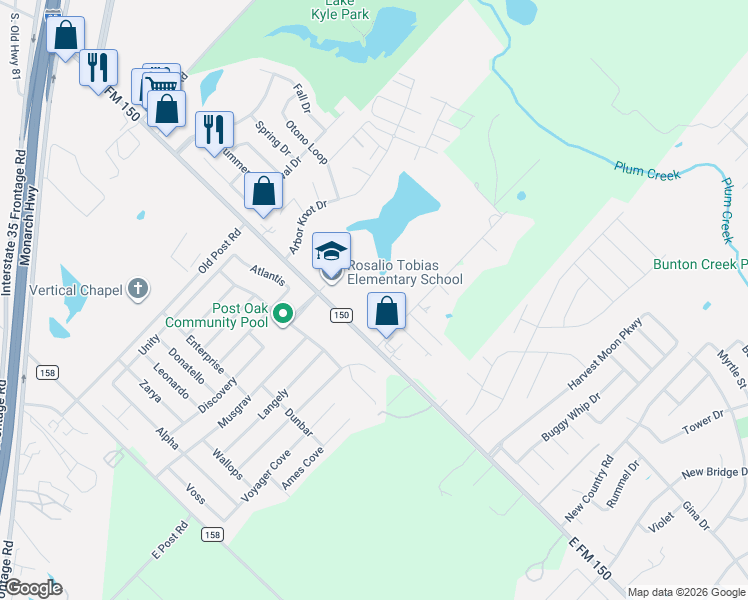 map of restaurants, bars, coffee shops, grocery stores, and more near 166 Lakeview Court in Kyle