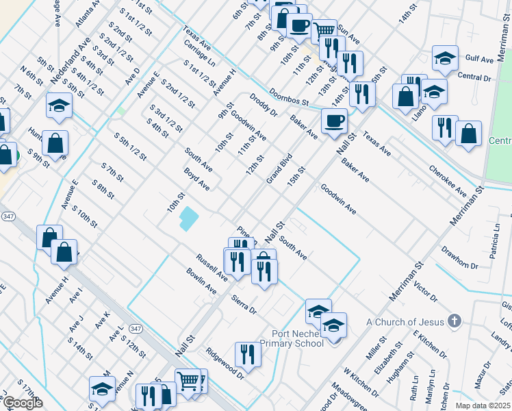 map of restaurants, bars, coffee shops, grocery stores, and more near 2635 Grand Blvd in Port Neches