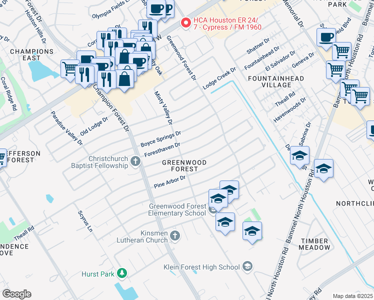 map of restaurants, bars, coffee shops, grocery stores, and more near 5426 Theall Road in Houston