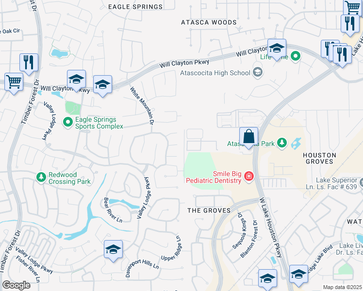 map of restaurants, bars, coffee shops, grocery stores, and more near 12918 Long Hunter Court in Humble
