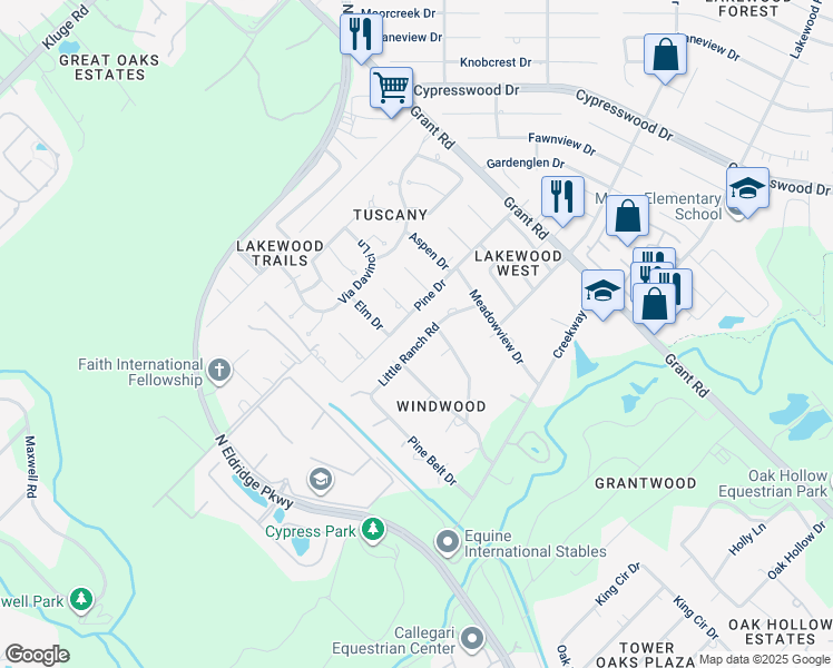 map of restaurants, bars, coffee shops, grocery stores, and more near 13427 Little Ranch Road in Cypress