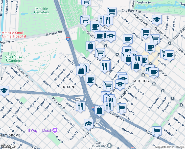map of restaurants, bars, coffee shops, grocery stores, and more near 4528 Baudin Street in New Orleans