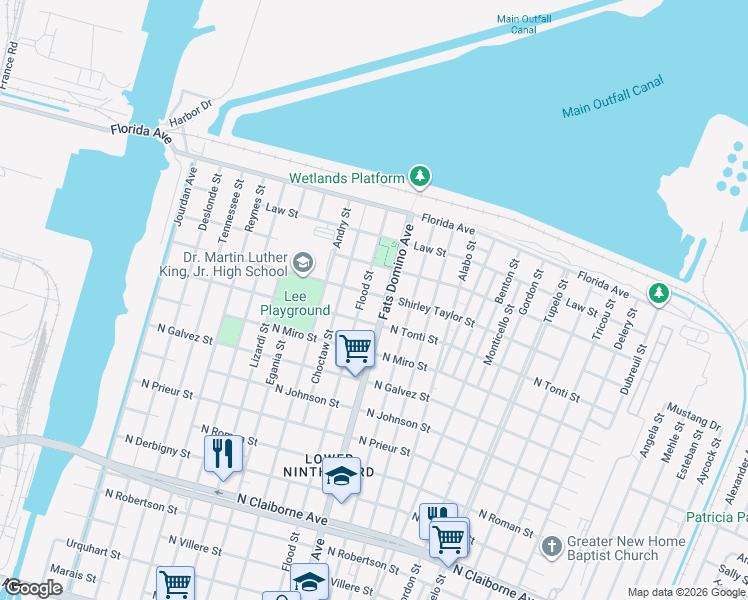map of restaurants, bars, coffee shops, grocery stores, and more near 49386 Flood Street in New Orleans