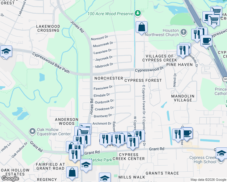 map of restaurants, bars, coffee shops, grocery stores, and more near 10614 Elmdale Drive in Houston