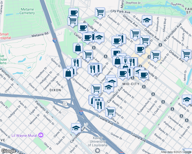 map of restaurants, bars, coffee shops, grocery stores, and more near 4401 Banks Street in New Orleans