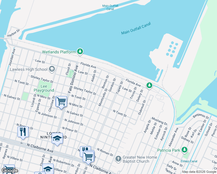 map of restaurants, bars, coffee shops, grocery stores, and more near 2515 Monticello Street in New Orleans