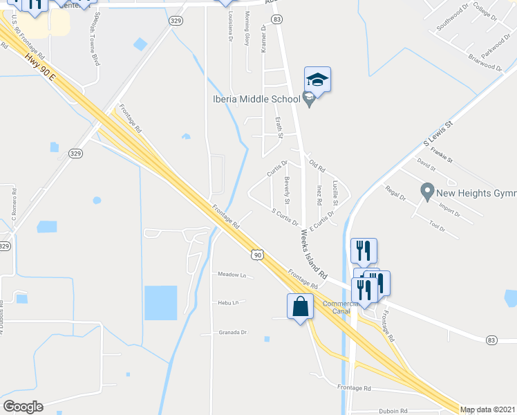 map of restaurants, bars, coffee shops, grocery stores, and more near 2808 Curtis Lane in New Iberia