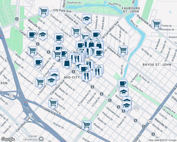 map of restaurants, bars, coffee shops, grocery stores, and more near 219 North Scott Street in New Orleans