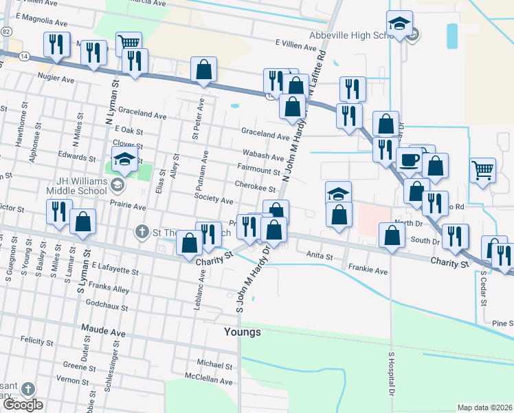 map of restaurants, bars, coffee shops, grocery stores, and more near 401 Samson Street in Abbeville