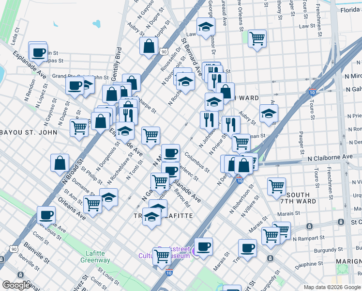 map of restaurants, bars, coffee shops, grocery stores, and more near 2123 Columbus Street in New Orleans