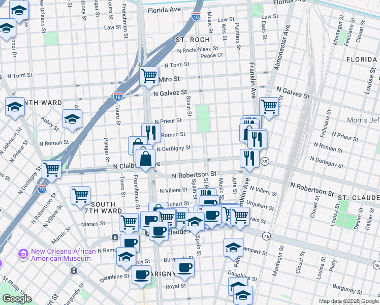 map of restaurants, bars, coffee shops, grocery stores, and more near 1628 Spain Street in New Orleans