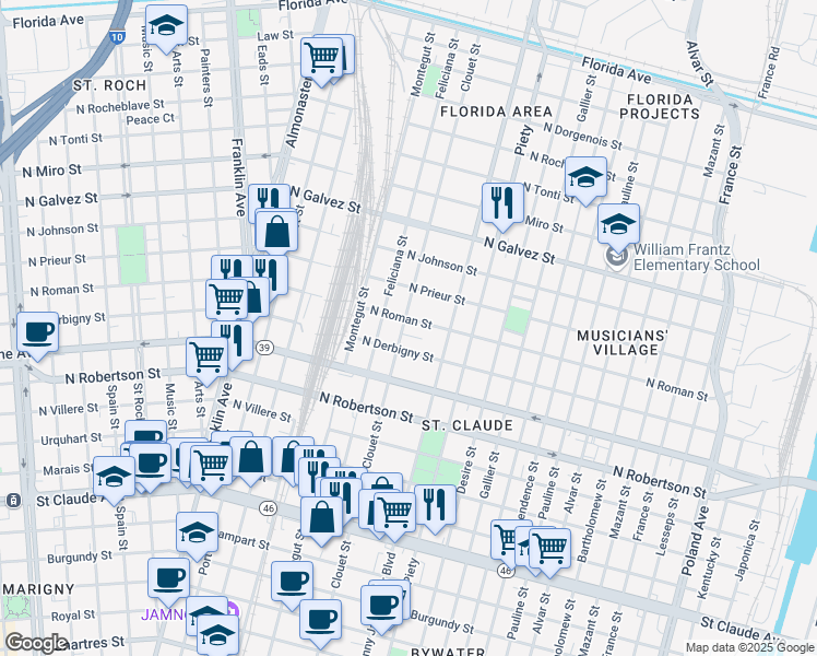 map of restaurants, bars, coffee shops, grocery stores, and more near 1731 Clouet Street in New Orleans