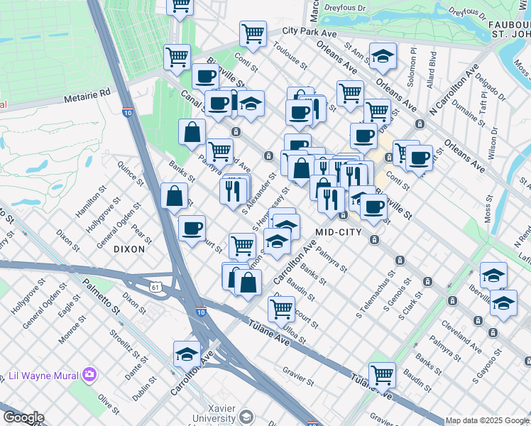 map of restaurants, bars, coffee shops, grocery stores, and more near 305A South Hennessey Street in New Orleans