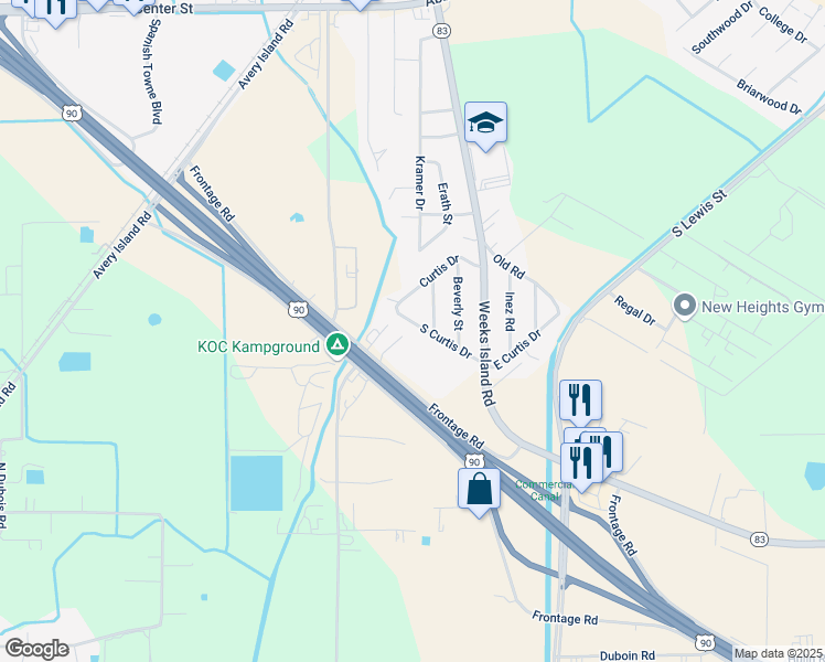map of restaurants, bars, coffee shops, grocery stores, and more near 2808 Curtis Lane in New Iberia