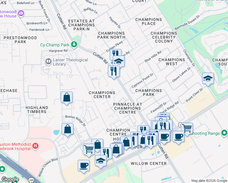map of restaurants, bars, coffee shops, grocery stores, and more near 7007 Briton Centre Court in Houston